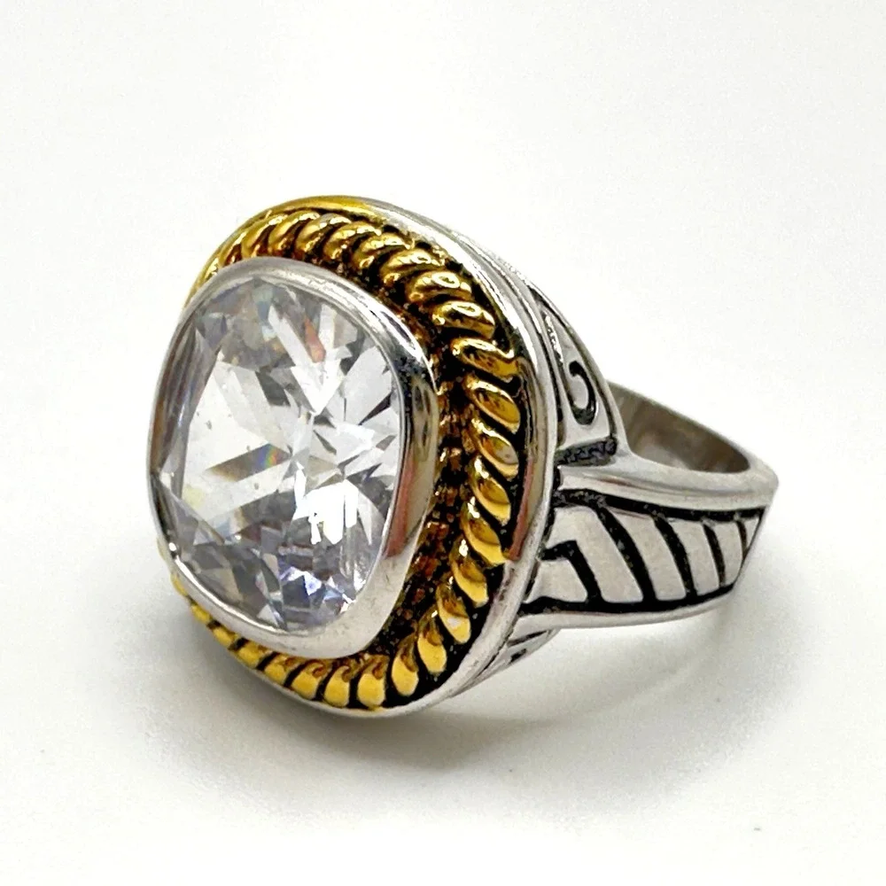 Designer Inspired Statement Ring Large CZ Silver Tone Gold Tone Rope Accent 7.25